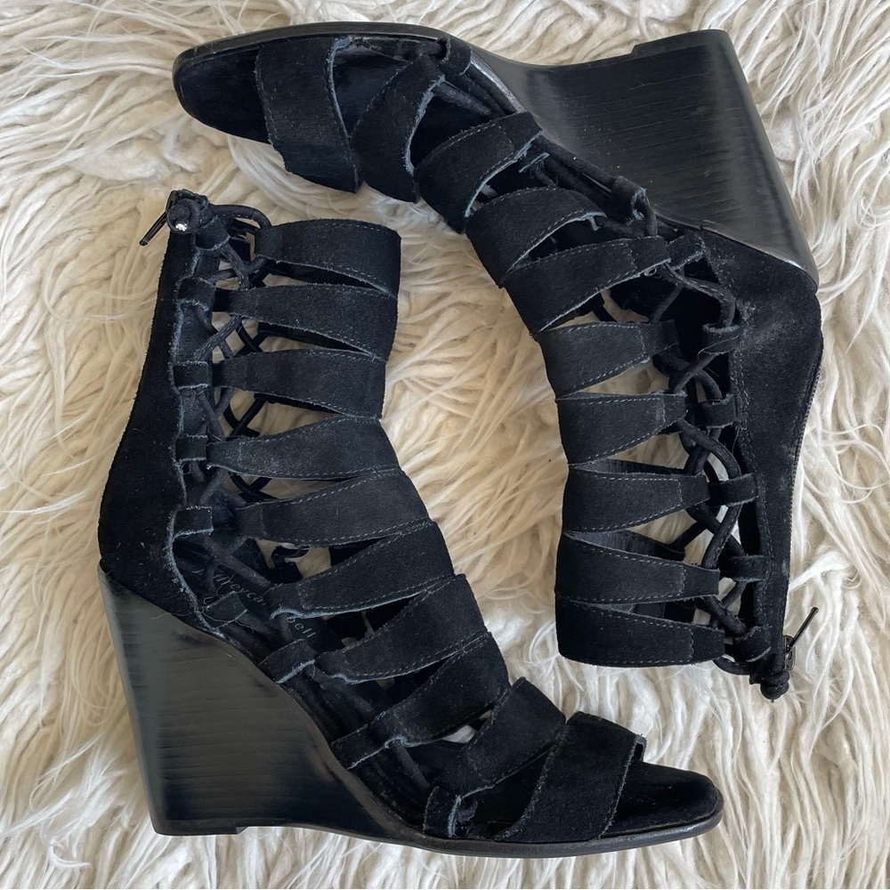 Jeffrey Campbell Zaferia-Hi Black Suede Lace Up Gladiator Wedge Sandals Size 8.5